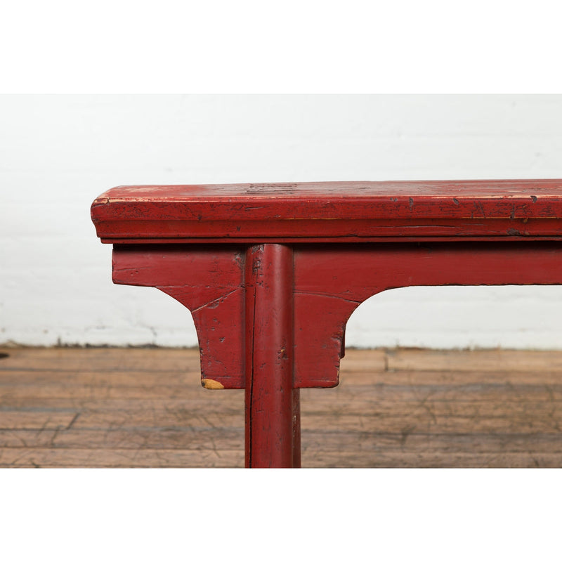 Distressed Red Lacquered Chinese Vintage Ming Style Bench with A-Form Base-YN7640-6. Asian & Chinese Furniture, Art, Antiques, Vintage Home Décor for sale at FEA Home