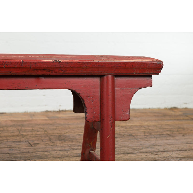 Distressed Red Lacquered Chinese Vintage Ming Style Bench with A-Form Base-YN7640-7. Asian & Chinese Furniture, Art, Antiques, Vintage Home Décor for sale at FEA Home