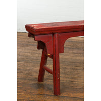 Distressed Red Lacquered Chinese Vintage Ming Style Bench with A-Form Base