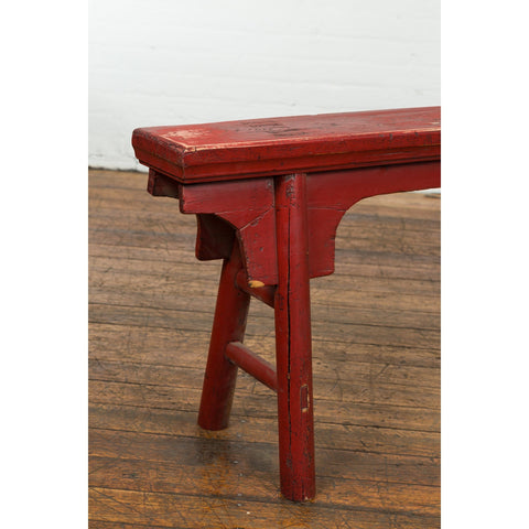 Distressed Red Lacquered Chinese Vintage Ming Style Bench with A-Form Base-YN7640-9. Asian & Chinese Furniture, Art, Antiques, Vintage Home Décor for sale at FEA Home
