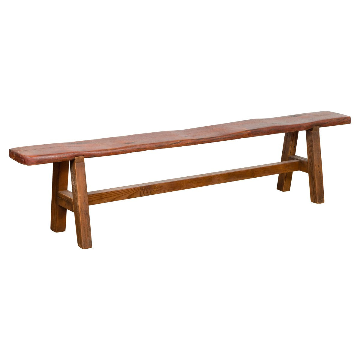 Rustic Long A-Frame Wooden Bench with Cross Stretcher and Splaying Legs-1. Asian & Chinese Furniture, Art, Antiques, Vintage Home Décor for sale at FEA Home