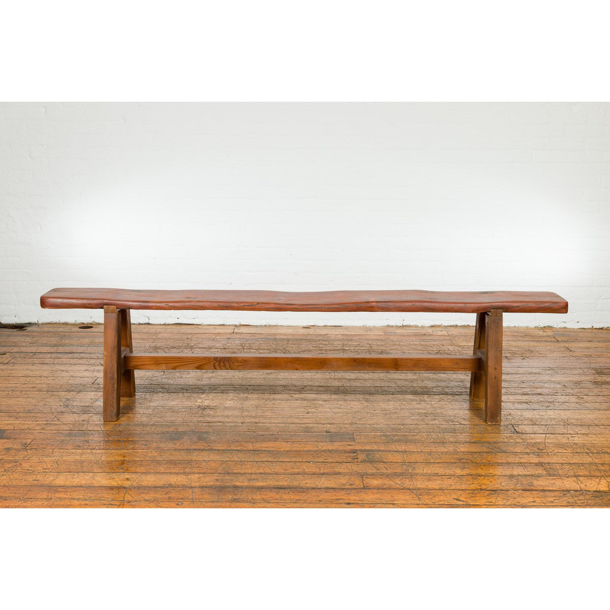Rustic Long A-Frame Wooden Bench with Cross Stretcher and Splaying Legs-2. Asian & Chinese Furniture, Art, Antiques, Vintage Home Décor for sale at FEA Home
