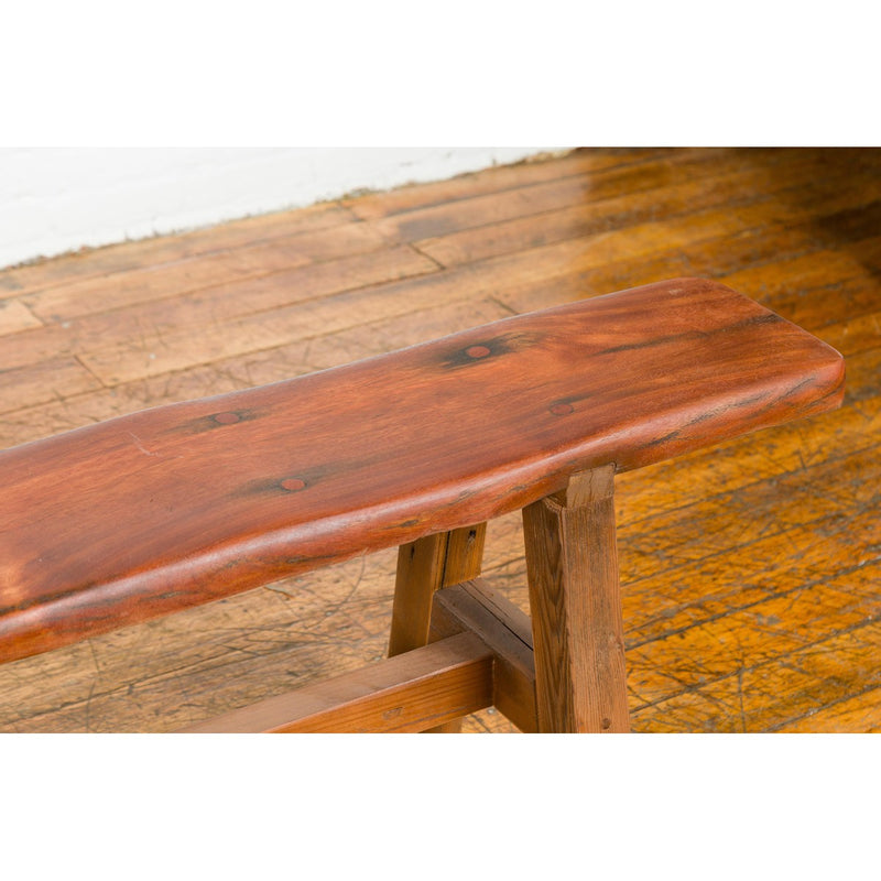 Rustic Long A-Frame Wooden Bench with Cross Stretcher and Splaying Legs-YN7644-6. Asian & Chinese Furniture, Art, Antiques, Vintage Home Décor for sale at FEA Home