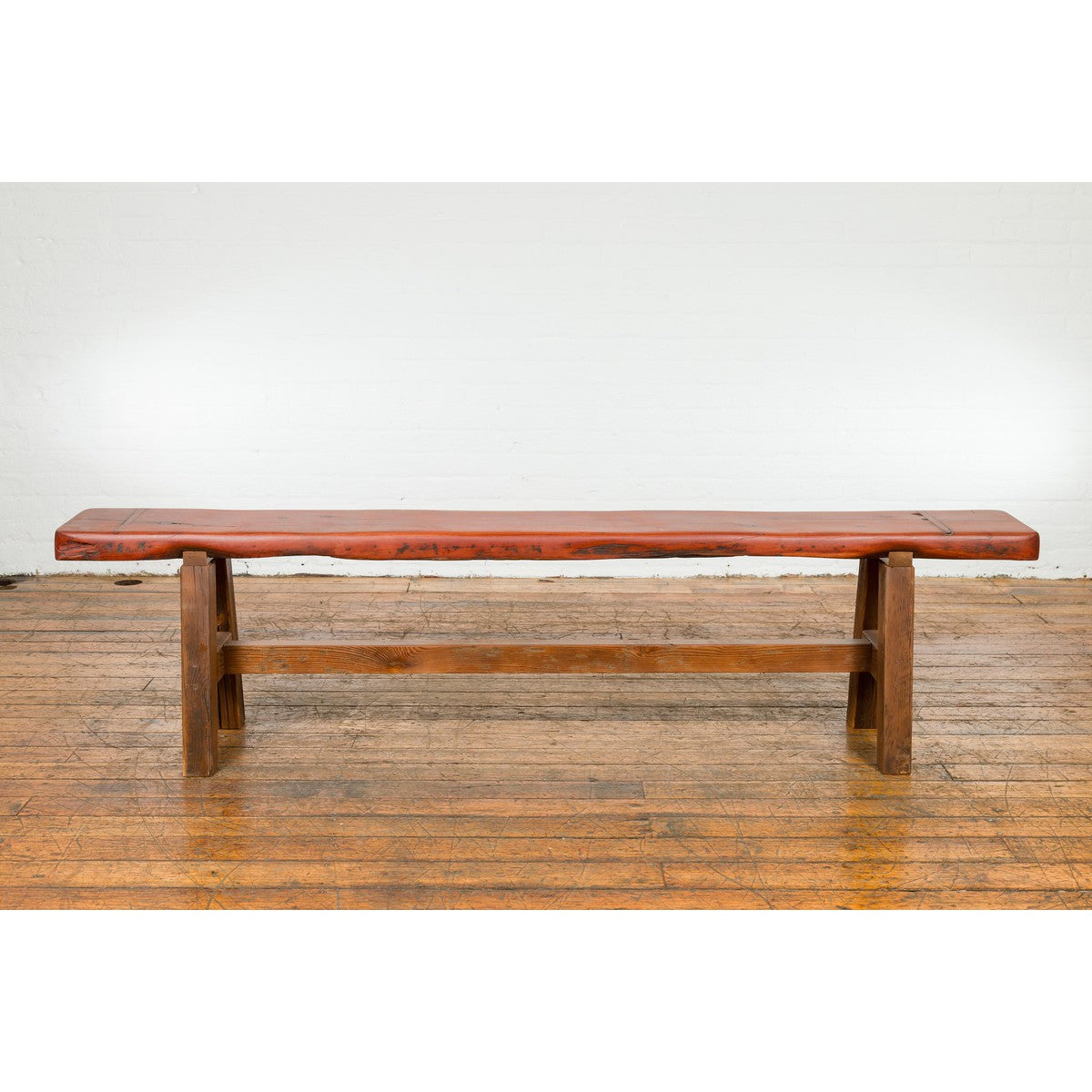 Mingei Style Rustic A-Frame Wooden Bench Made of Railroad Ties with Stretcher-14. Asian &amp; Chinese Furniture, Art, Antiques, Vintage Home Décor for sale at FEA Home