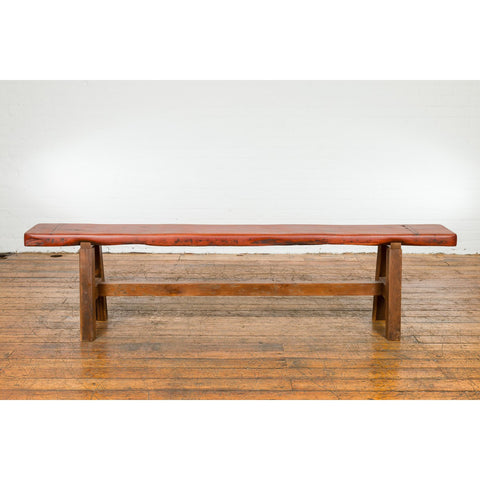 Mingei Style Rustic A-Frame Wooden Bench Made of Railroad Ties with Stretcher-YN7645-14. Asian & Chinese Furniture, Art, Antiques, Vintage Home Décor for sale at FEA Home