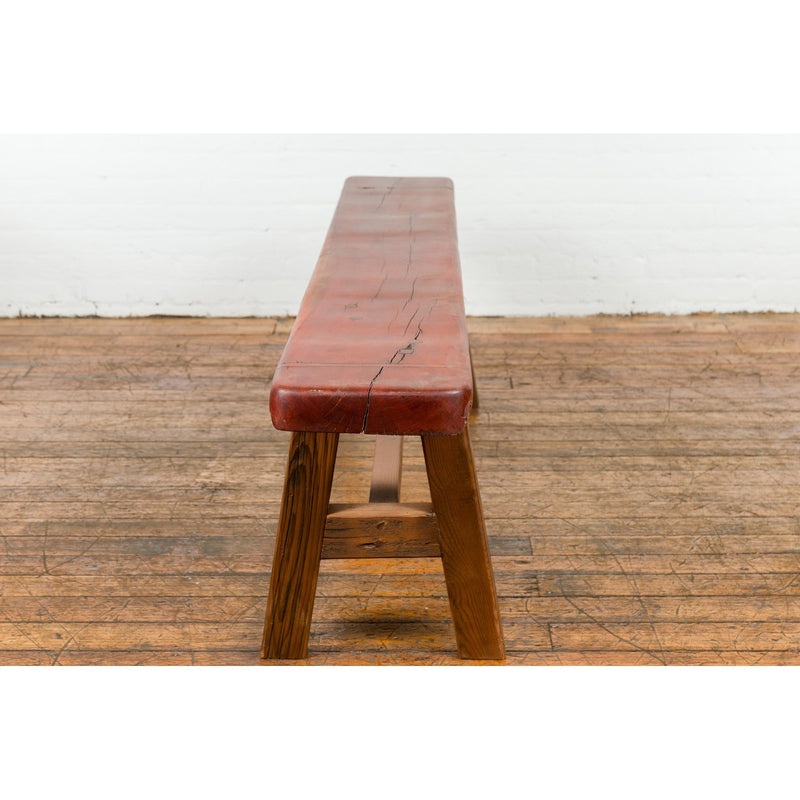 Mingei Style Rustic A-Frame Wooden Bench Made of Railroad Ties with Stretcher-YN7645-15. Asian & Chinese Furniture, Art, Antiques, Vintage Home Décor for sale at FEA Home