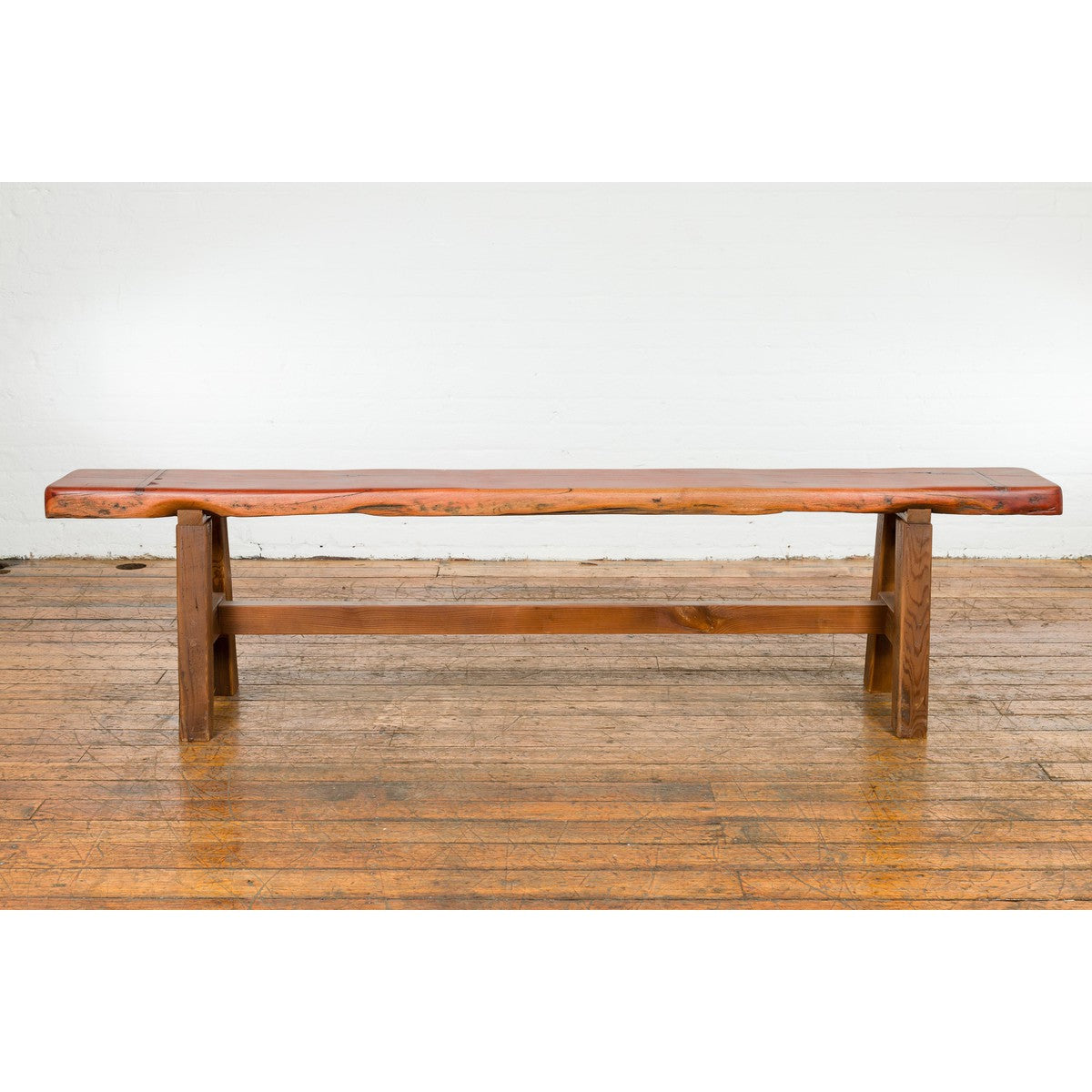 Mingei Style Rustic A-Frame Wooden Bench Made of Railroad Ties with Stretcher-2. Asian & Chinese Furniture, Art, Antiques, Vintage Home Décor for sale at FEA Home