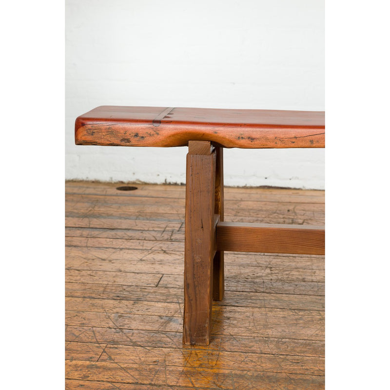 Mingei Style Rustic A-Frame Wooden Bench Made of Railroad Ties with Stretcher-YN7645-3. Asian & Chinese Furniture, Art, Antiques, Vintage Home Décor for sale at FEA Home