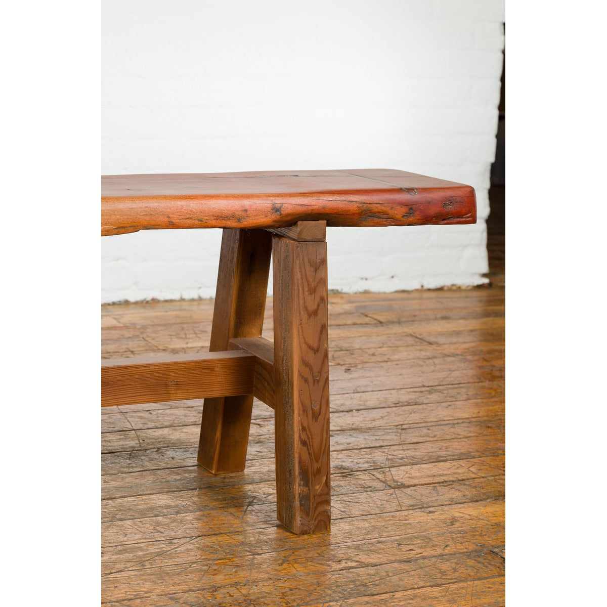 Mingei Style Rustic A-Frame Wooden Bench Made of Railroad Ties with Stretcher-4. Asian &amp; Chinese Furniture, Art, Antiques, Vintage Home Décor for sale at FEA Home