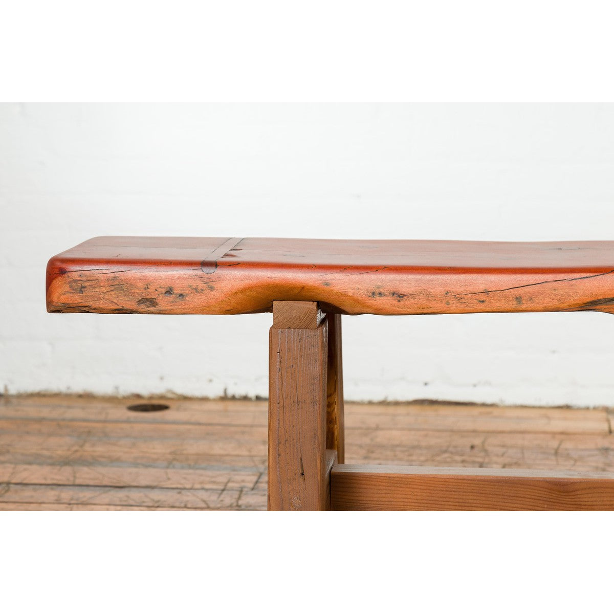 Mingei Style Rustic A-Frame Wooden Bench Made of Railroad Ties with Stretcher-5. Asian &amp; Chinese Furniture, Art, Antiques, Vintage Home Décor for sale at FEA Home