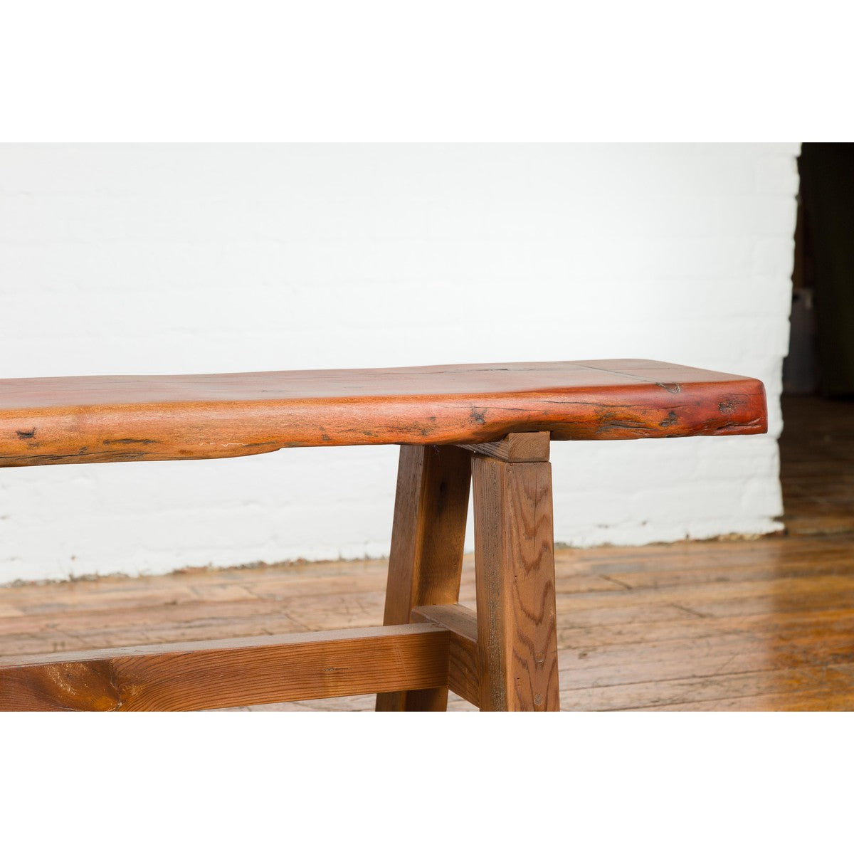 Mingei Style Rustic A-Frame Wooden Bench Made of Railroad Ties with Stretcher-6. Asian &amp; Chinese Furniture, Art, Antiques, Vintage Home Décor for sale at FEA Home