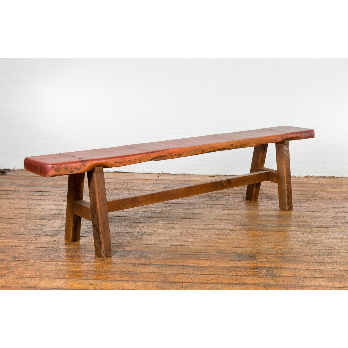 Mingei Style Rustic A-Frame Wooden Bench Made of Railroad Ties with Stretcher-8. Asian &amp; Chinese Furniture, Art, Antiques, Vintage Home Décor for sale at FEA Home