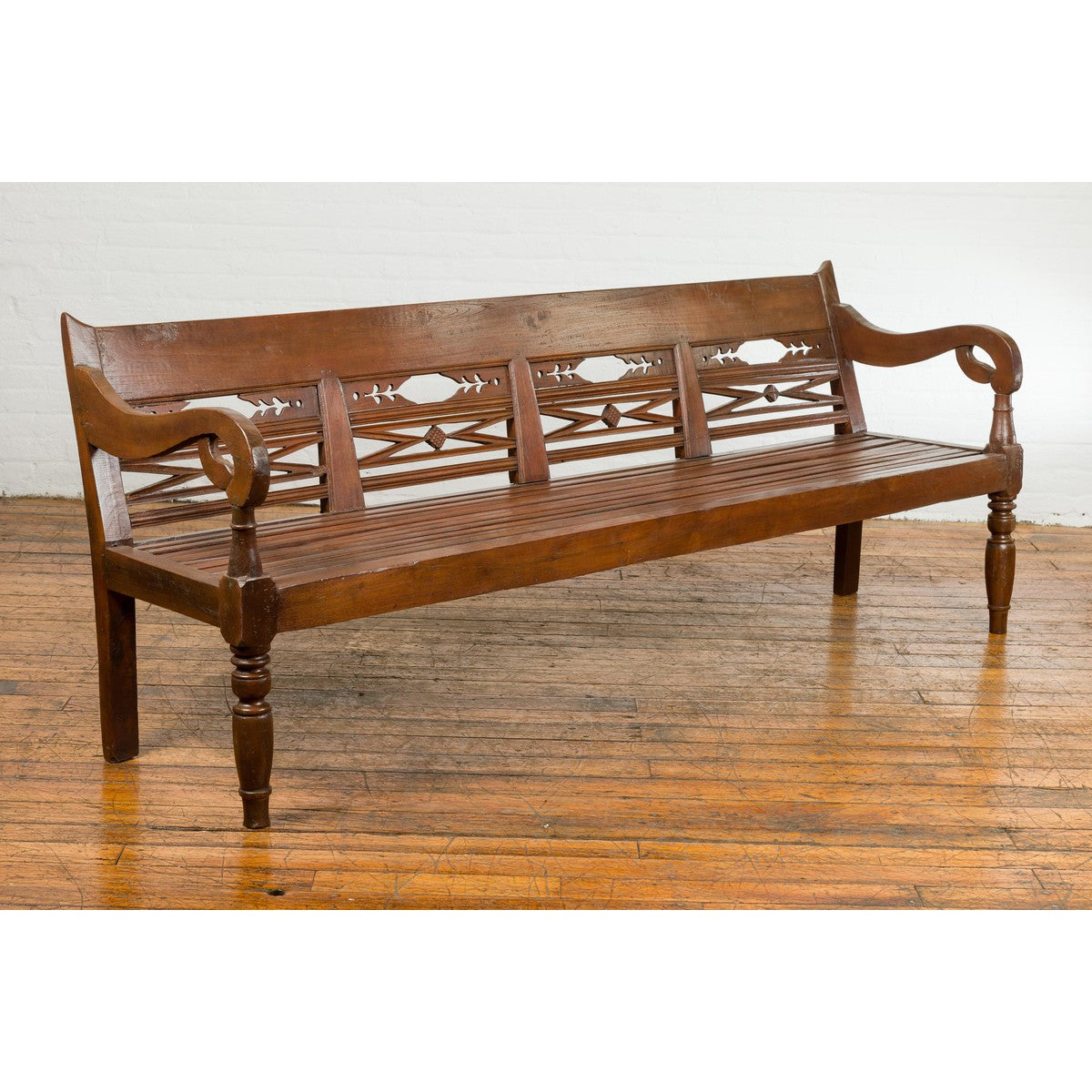 Dutch Colonial Bench with Carved Back, Scrolling Arms and Turned Baluster Legs-10. Asian &amp; Chinese Furniture, Art, Antiques, Vintage Home Décor for sale at FEA Home