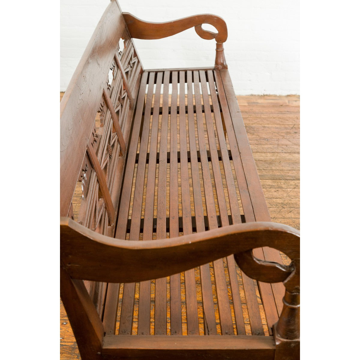 Dutch Colonial Bench with Carved Back, Scrolling Arms and Turned Baluster Legs-13. Asian &amp; Chinese Furniture, Art, Antiques, Vintage Home Décor for sale at FEA Home