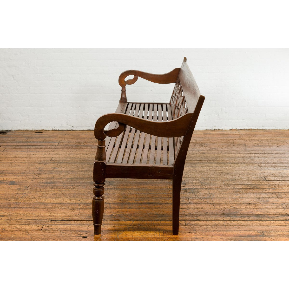 Dutch Colonial Bench with Carved Back, Scrolling Arms and Turned Baluster Legs-15. Asian &amp; Chinese Furniture, Art, Antiques, Vintage Home Décor for sale at FEA Home