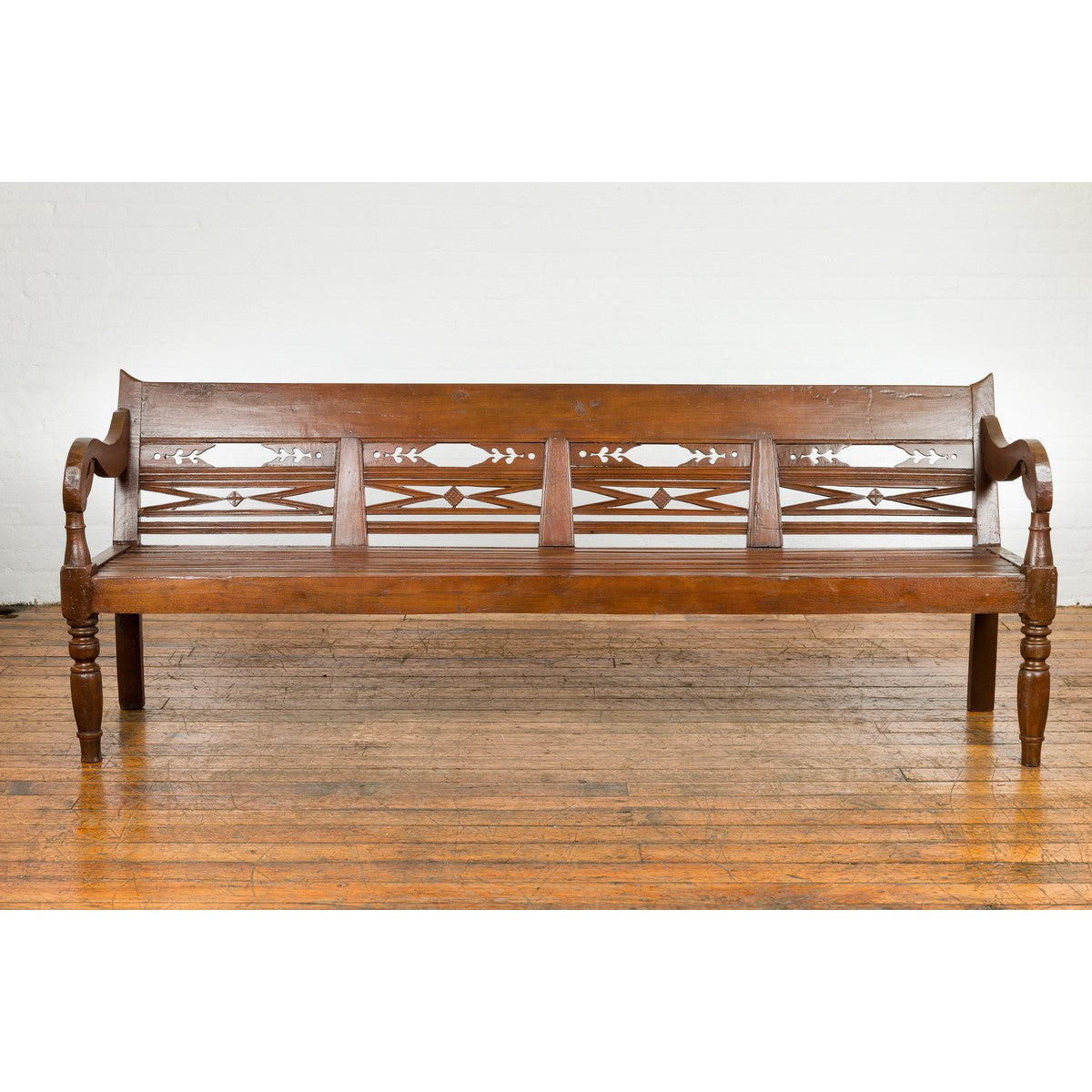 Dutch Colonial Bench with Carved Back, Scrolling Arms and Turned Baluster Legs-2. Asian & Chinese Furniture, Art, Antiques, Vintage Home Décor for sale at FEA Home