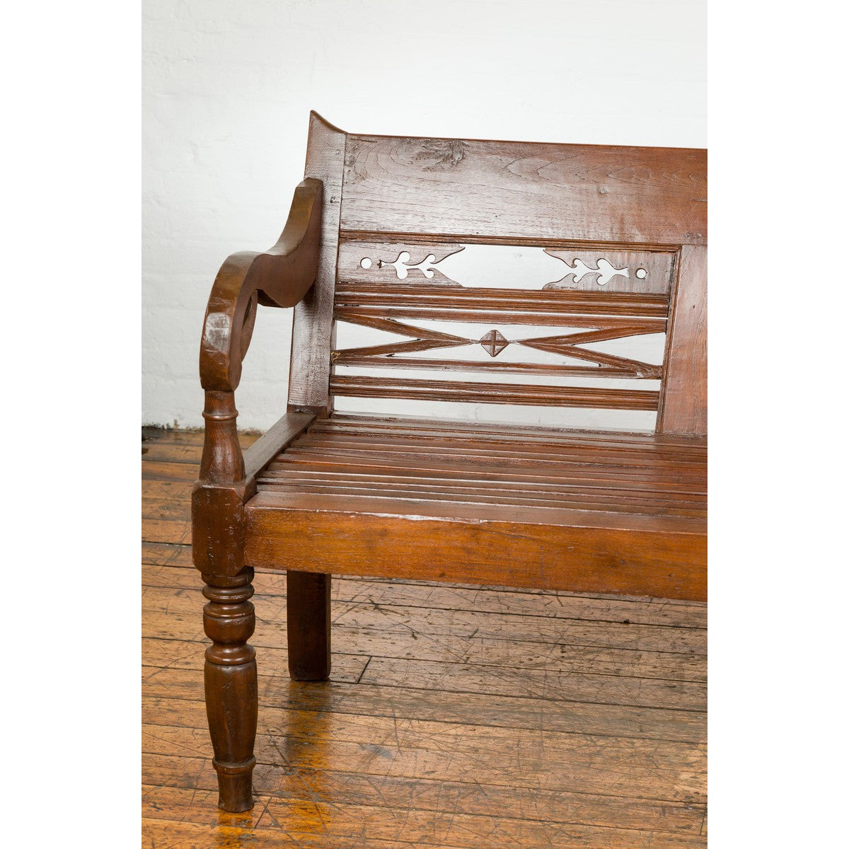 Dutch Colonial Bench with Carved Back, Scrolling Arms and Turned Baluster Legs-4. Asian &amp; Chinese Furniture, Art, Antiques, Vintage Home Décor for sale at FEA Home