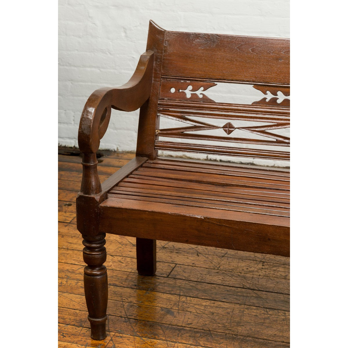 Dutch Colonial Bench with Carved Back, Scrolling Arms and Turned Baluster Legs-6. Asian &amp; Chinese Furniture, Art, Antiques, Vintage Home Décor for sale at FEA Home