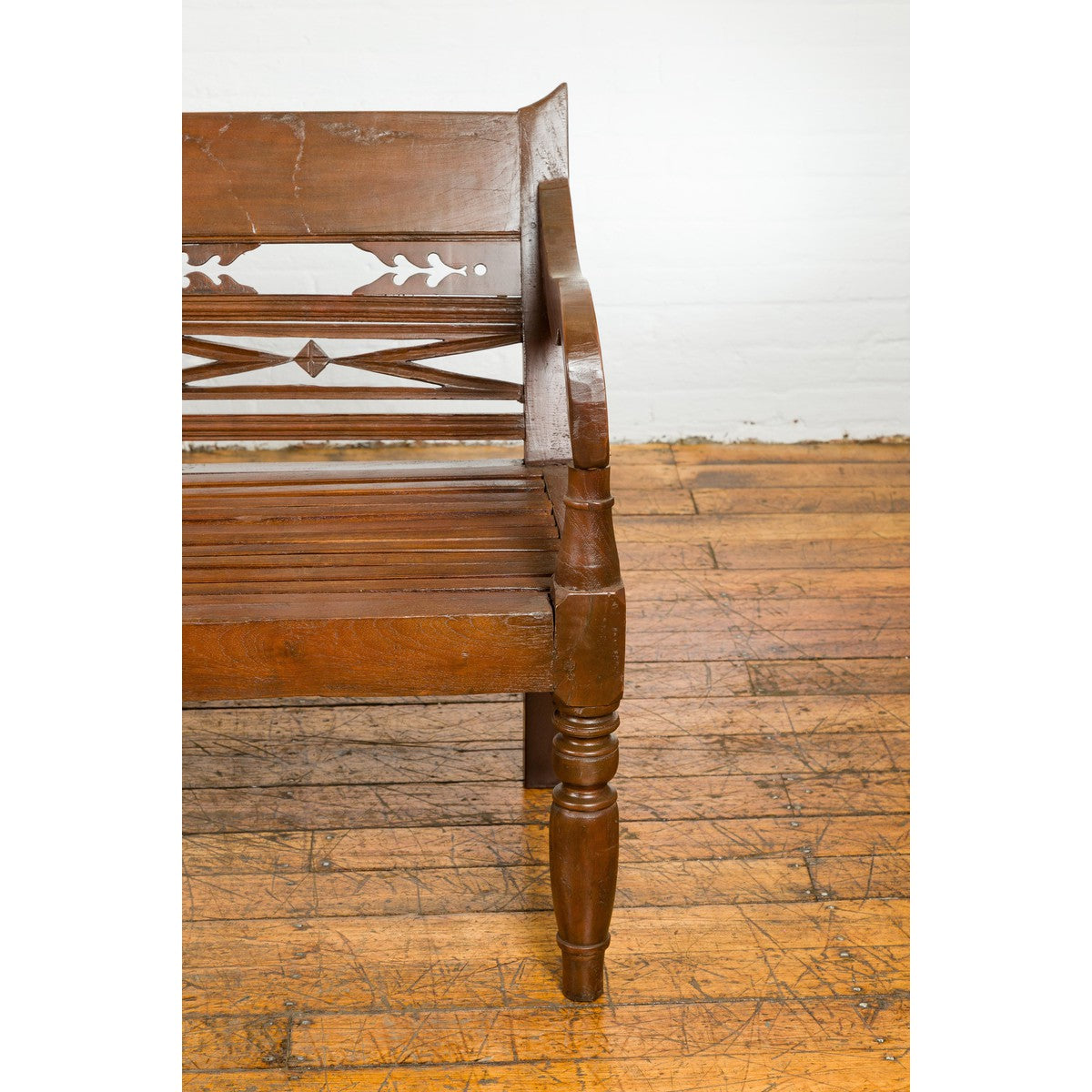 Dutch Colonial Bench with Carved Back, Scrolling Arms and Turned Baluster Legs-9. Asian &amp; Chinese Furniture, Art, Antiques, Vintage Home Décor for sale at FEA Home