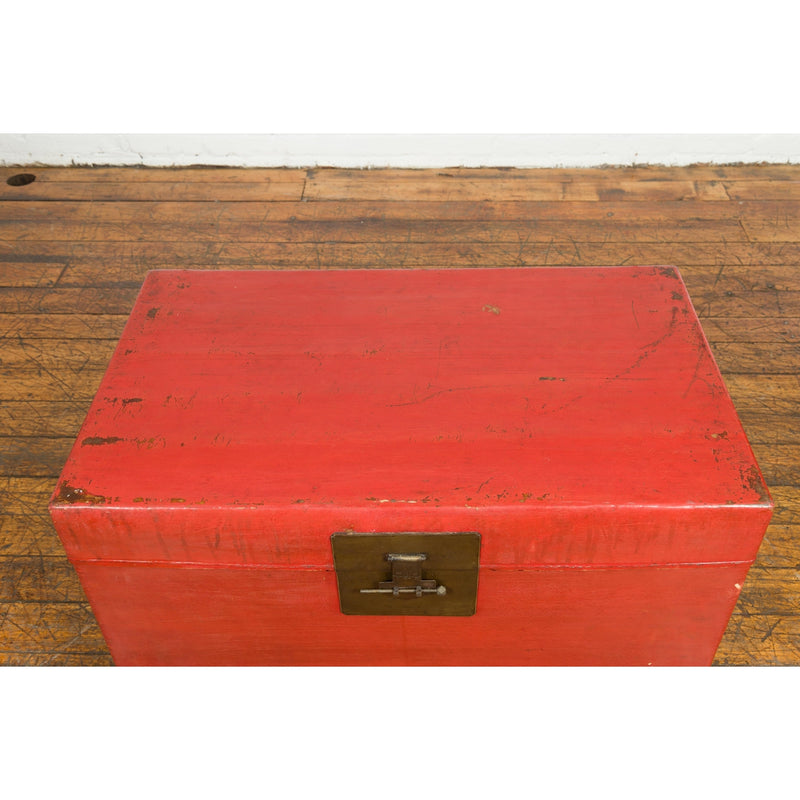 Red Vintage Wooden Trunk with Square Brass Latch-YN7662-10. Asian & Chinese Furniture, Art, Antiques, Vintage Home Décor for sale at FEA Home