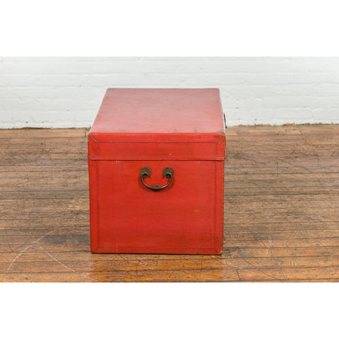 Red Vintage Wooden Trunk with Square Brass Latch-YN7662-12. Asian & Chinese Furniture, Art, Antiques, Vintage Home Décor for sale at FEA Home