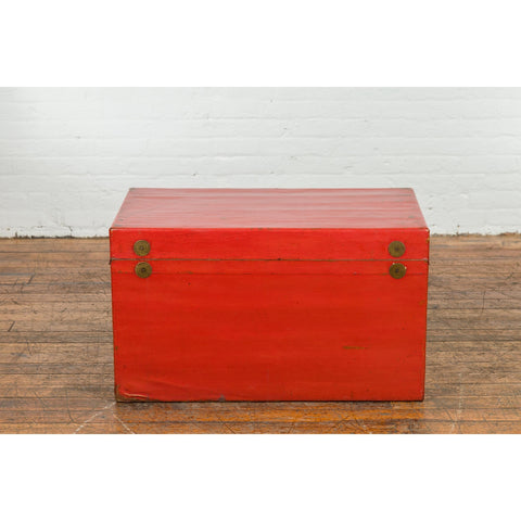 Red Vintage Wooden Trunk with Square Brass Latch-YN7662-13. Asian & Chinese Furniture, Art, Antiques, Vintage Home Décor for sale at FEA Home