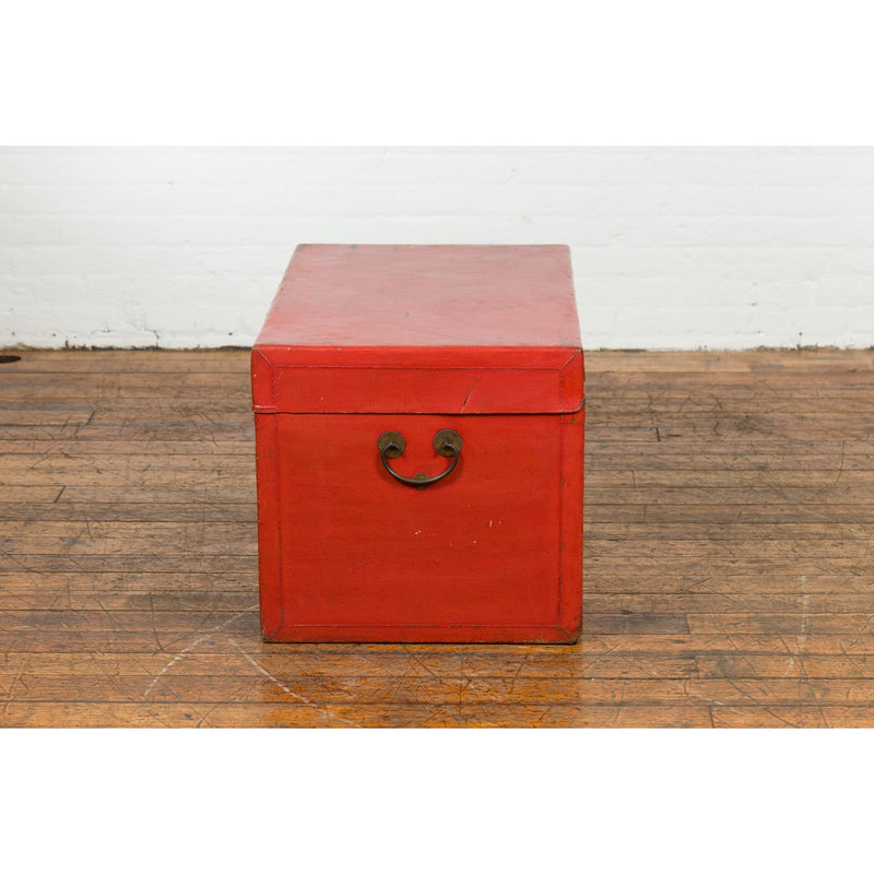 Red Vintage Wooden Trunk with Square Brass Latch-YN7662-14. Asian & Chinese Furniture, Art, Antiques, Vintage Home Décor for sale at FEA Home