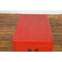 Red Vintage Wooden Trunk with Square Brass Latch