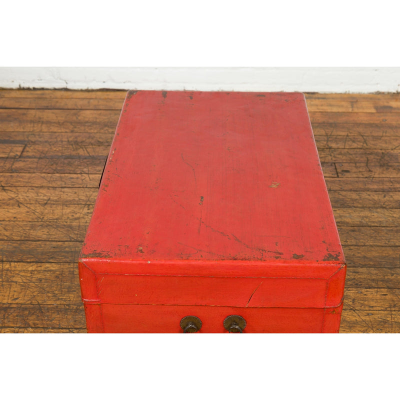 Red Vintage Wooden Trunk with Square Brass Latch-YN7662-15. Asian & Chinese Furniture, Art, Antiques, Vintage Home Décor for sale at FEA Home