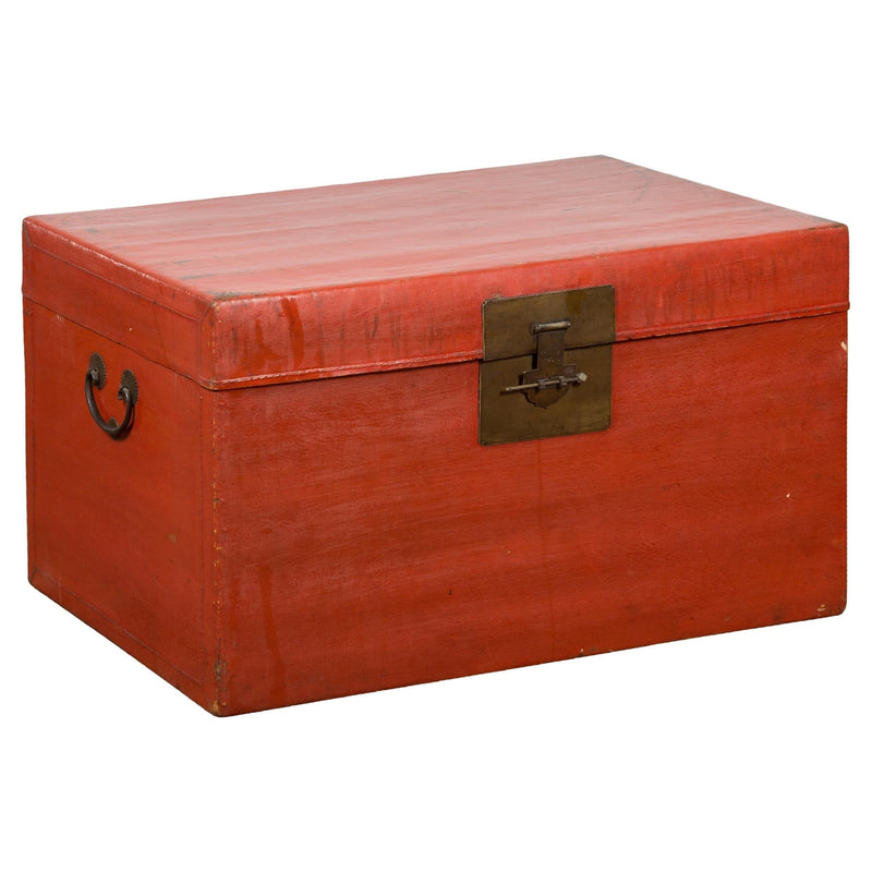 Red Vintage Wooden Trunk with Square Brass Latch-YN7662-1. Asian & Chinese Furniture, Art, Antiques, Vintage Home Décor for sale at FEA Home