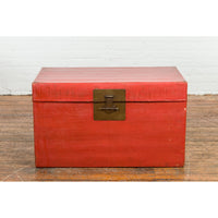 Red Vintage Wooden Trunk with Square Brass Latch