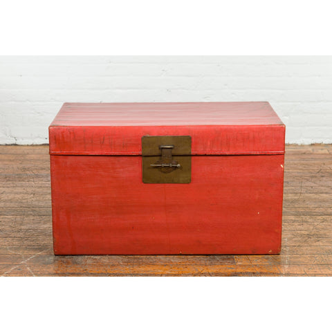 Red Vintage Wooden Trunk with Square Brass Latch-YN7662-2. Asian & Chinese Furniture, Art, Antiques, Vintage Home Décor for sale at FEA Home