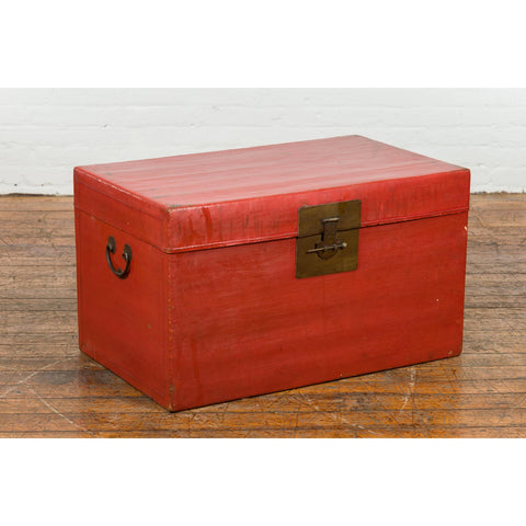 Red Vintage Wooden Trunk with Square Brass Latch-YN7662-4. Asian & Chinese Furniture, Art, Antiques, Vintage Home Décor for sale at FEA Home