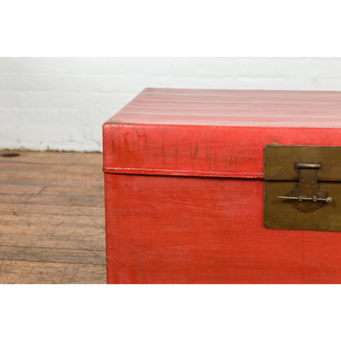 Red Vintage Wooden Trunk with Square Brass Latch-YN7662-5. Asian & Chinese Furniture, Art, Antiques, Vintage Home Décor for sale at FEA Home