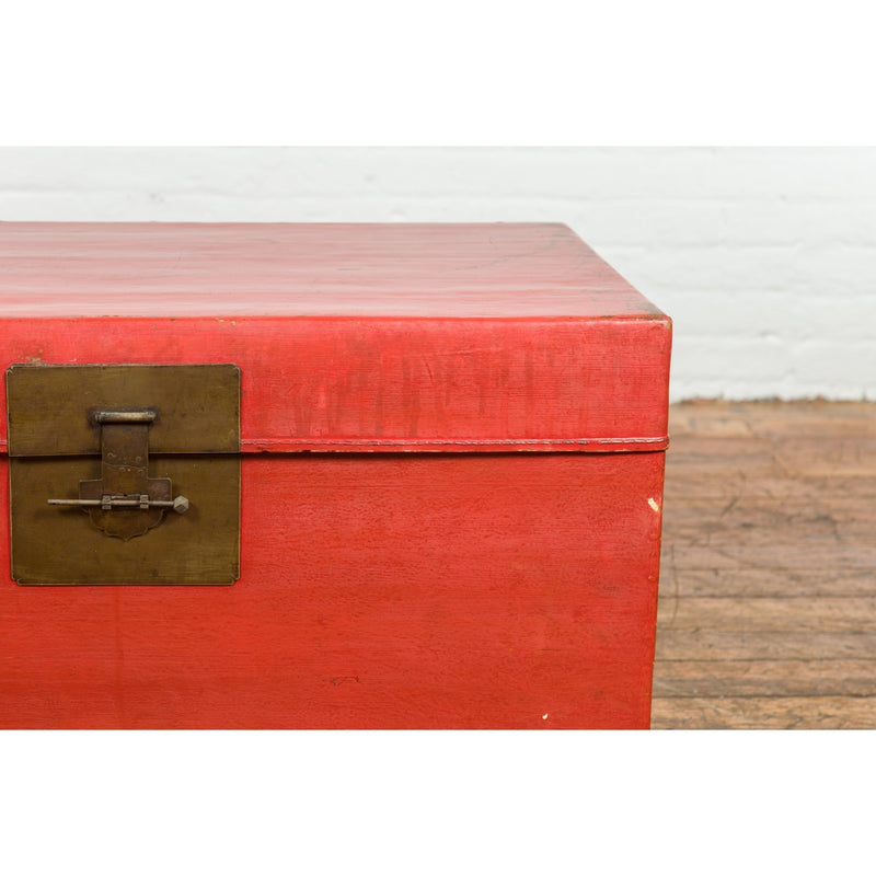 Red Vintage Wooden Trunk with Square Brass Latch-YN7662-6. Asian & Chinese Furniture, Art, Antiques, Vintage Home Décor for sale at FEA Home