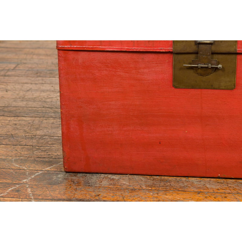 Red Vintage Wooden Trunk with Square Brass Latch-YN7662-7. Asian & Chinese Furniture, Art, Antiques, Vintage Home Décor for sale at FEA Home