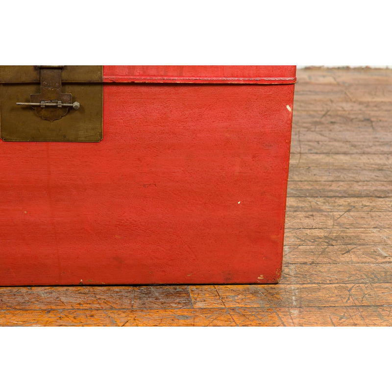 Red Vintage Wooden Trunk with Square Brass Latch-YN7662-8. Asian & Chinese Furniture, Art, Antiques, Vintage Home Décor for sale at FEA Home