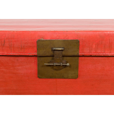 Red Vintage Wooden Trunk with Square Brass Latch-YN7662-9. Asian & Chinese Furniture, Art, Antiques, Vintage Home Décor for sale at FEA Home