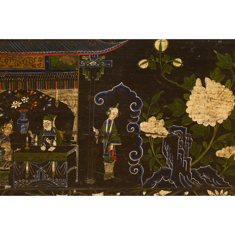 Black Vintage Trunk with White Flowers & Figures-YN7672-12. Asian & Chinese Furniture, Art, Antiques, Vintage Home Décor for sale at FEA Home