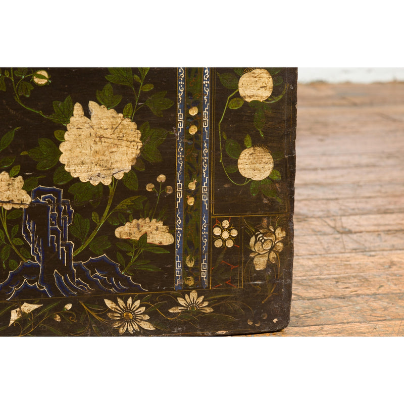 Black Vintage Trunk with White Flowers & Figures-YN7672-13. Asian & Chinese Furniture, Art, Antiques, Vintage Home Décor for sale at FEA Home