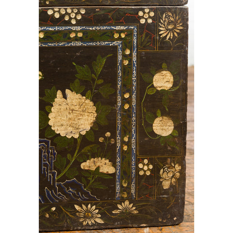 Black Vintage Trunk with White Flowers & Figures-YN7672-14. Asian & Chinese Furniture, Art, Antiques, Vintage Home Décor for sale at FEA Home