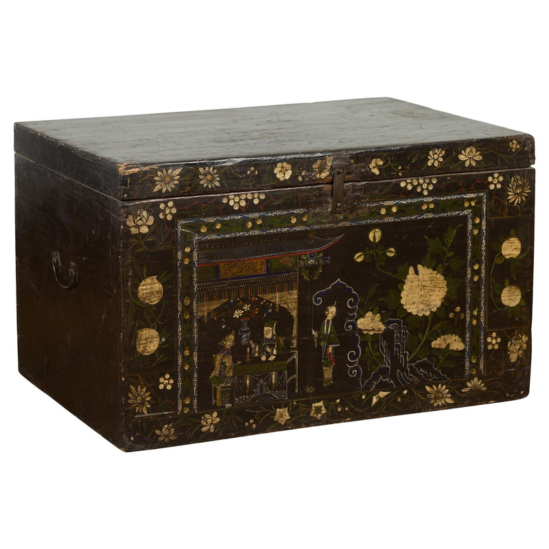 Black Vintage Trunk with White Flowers & Figures-YN7672-1. Asian & Chinese Furniture, Art, Antiques, Vintage Home Décor for sale at FEA Home
