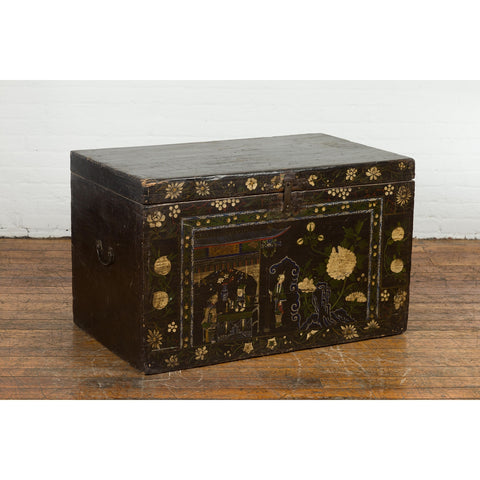 Black Vintage Trunk with White Flowers & Figures-YN7672-2. Asian & Chinese Furniture, Art, Antiques, Vintage Home Décor for sale at FEA Home