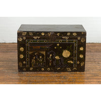 Black Vintage Trunk with White Flowers & Figures