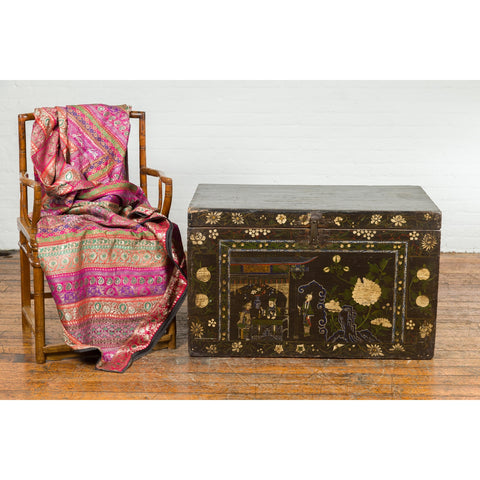 Black Vintage Trunk with White Flowers & Figures-YN7672-4. Asian & Chinese Furniture, Art, Antiques, Vintage Home Décor for sale at FEA Home