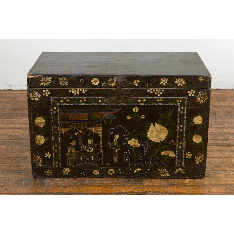 Black Vintage Trunk with White Flowers & Figures-YN7672-5. Asian & Chinese Furniture, Art, Antiques, Vintage Home Décor for sale at FEA Home