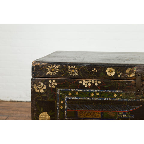 Black Vintage Trunk with White Flowers & Figures-YN7672-6. Asian & Chinese Furniture, Art, Antiques, Vintage Home Décor for sale at FEA Home