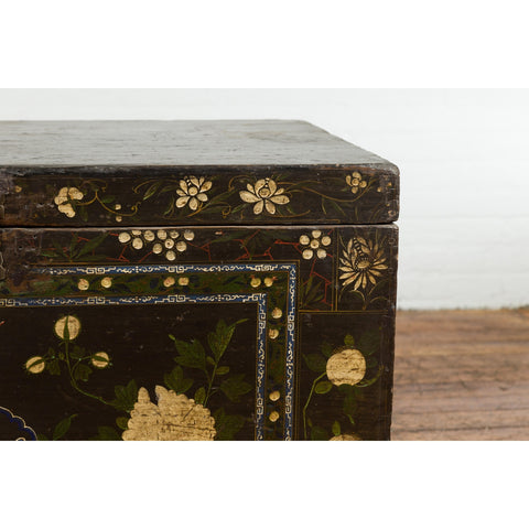 Black Vintage Trunk with White Flowers & Figures-YN7672-7. Asian & Chinese Furniture, Art, Antiques, Vintage Home Décor for sale at FEA Home