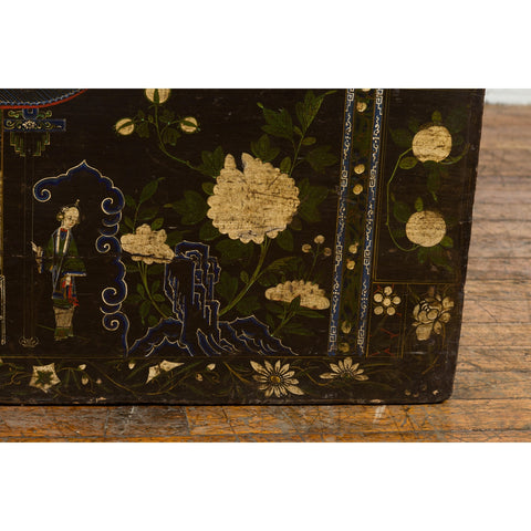 Black Vintage Trunk with White Flowers & Figures-YN7672-9. Asian & Chinese Furniture, Art, Antiques, Vintage Home Décor for sale at FEA Home