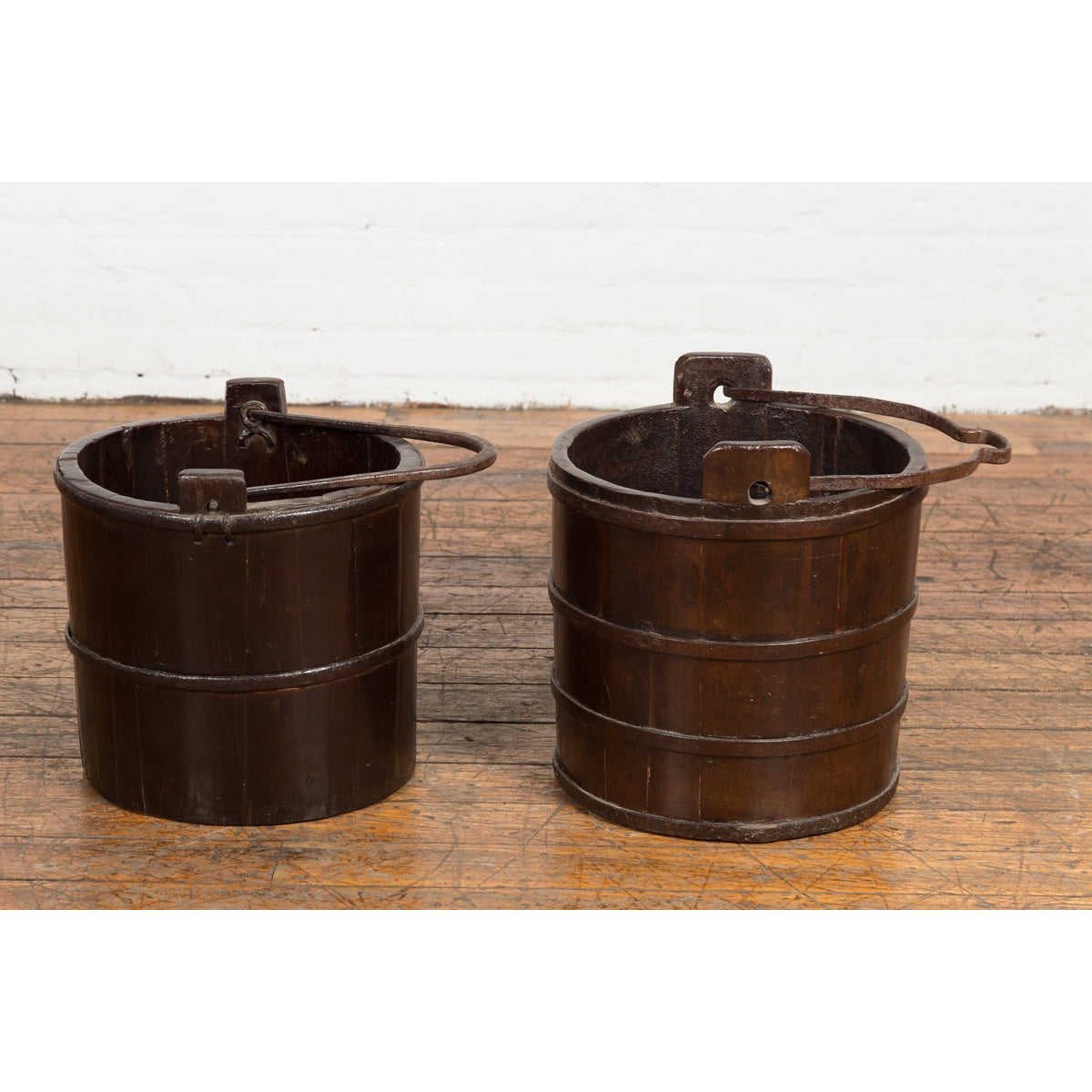 19th Century Chinese Wooden Well Buckets with Dark Brown Lacquer, Sold Each-16. Asian &amp; Chinese Furniture, Art, Antiques, Vintage Home Décor for sale at FEA Home